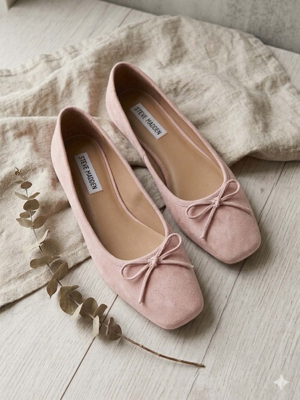 Steve Madden Malinda Suede Ballet Flats Pink Cameo Rose Square Toe Bow Size 10M